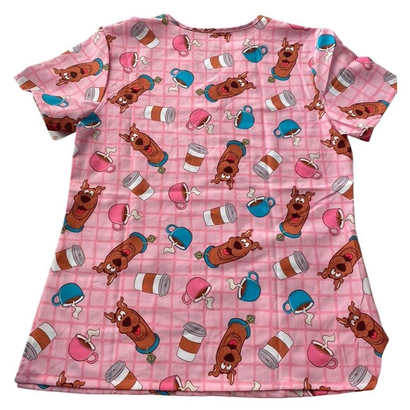 Scooby-Doo Scrub Top Pink Coffee Print Size M Nursing Uniform V-Neck Pockets - Picture 4 of 4